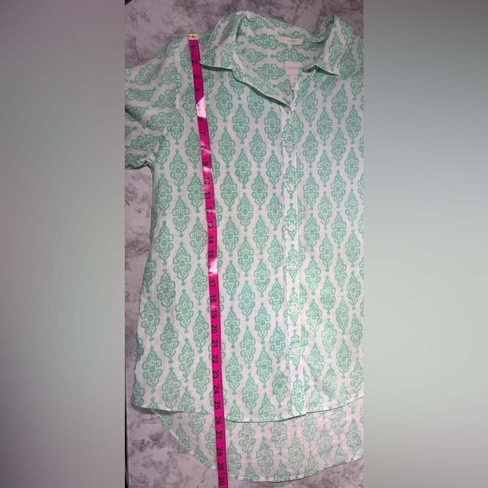 Chico's effortless 100% linen batik sina button up Mint Green Printed Shirt sz 1 - Picture 4 of 8